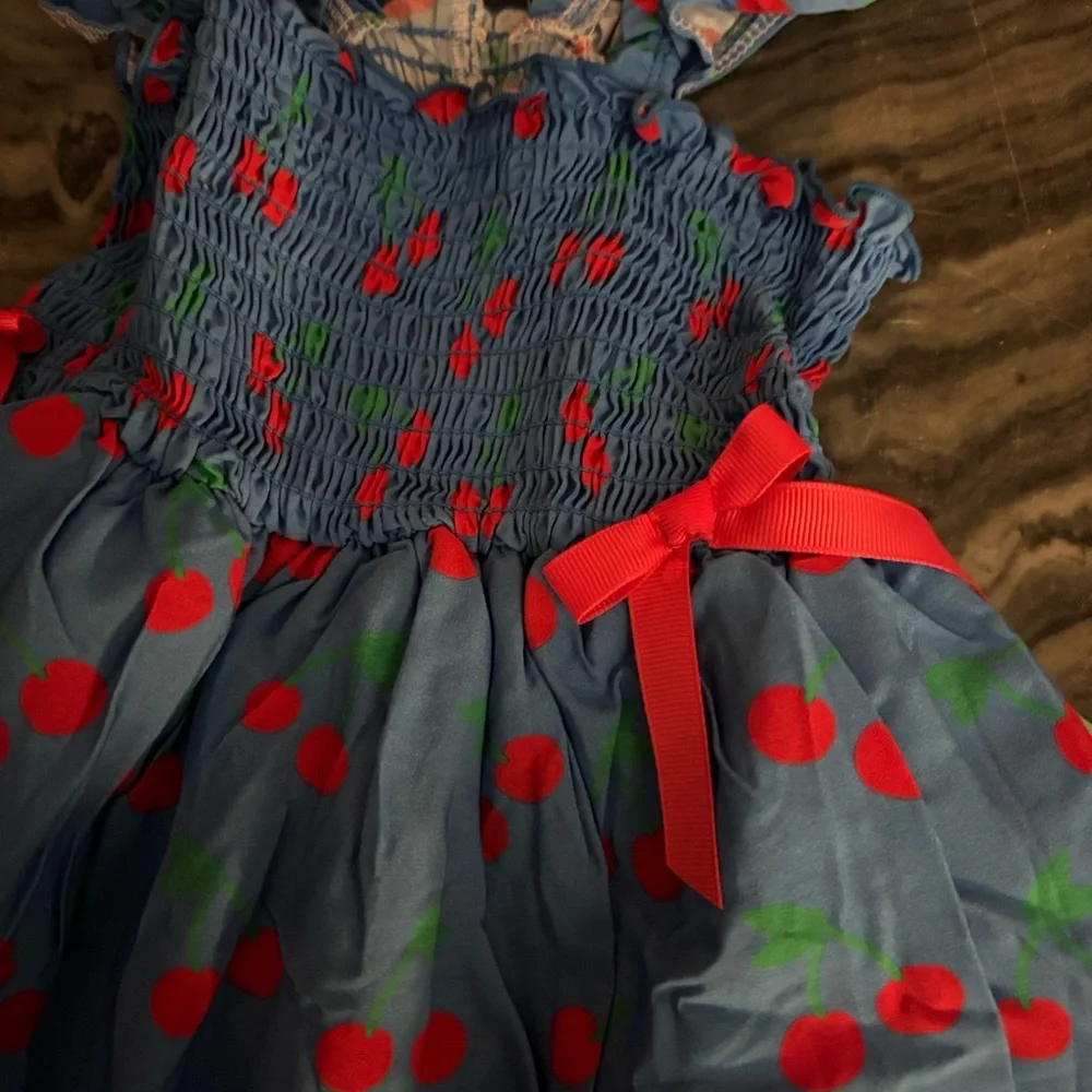 oodles Blue Dog Dress with Cherry Print